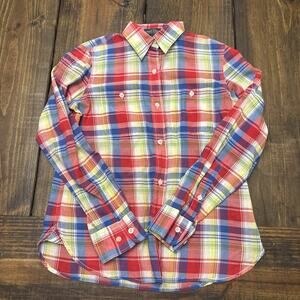 Lauren Ralph‎ Lauren Women PP Red Blue Plaid Roll Tab Sleeve Lightweight Small